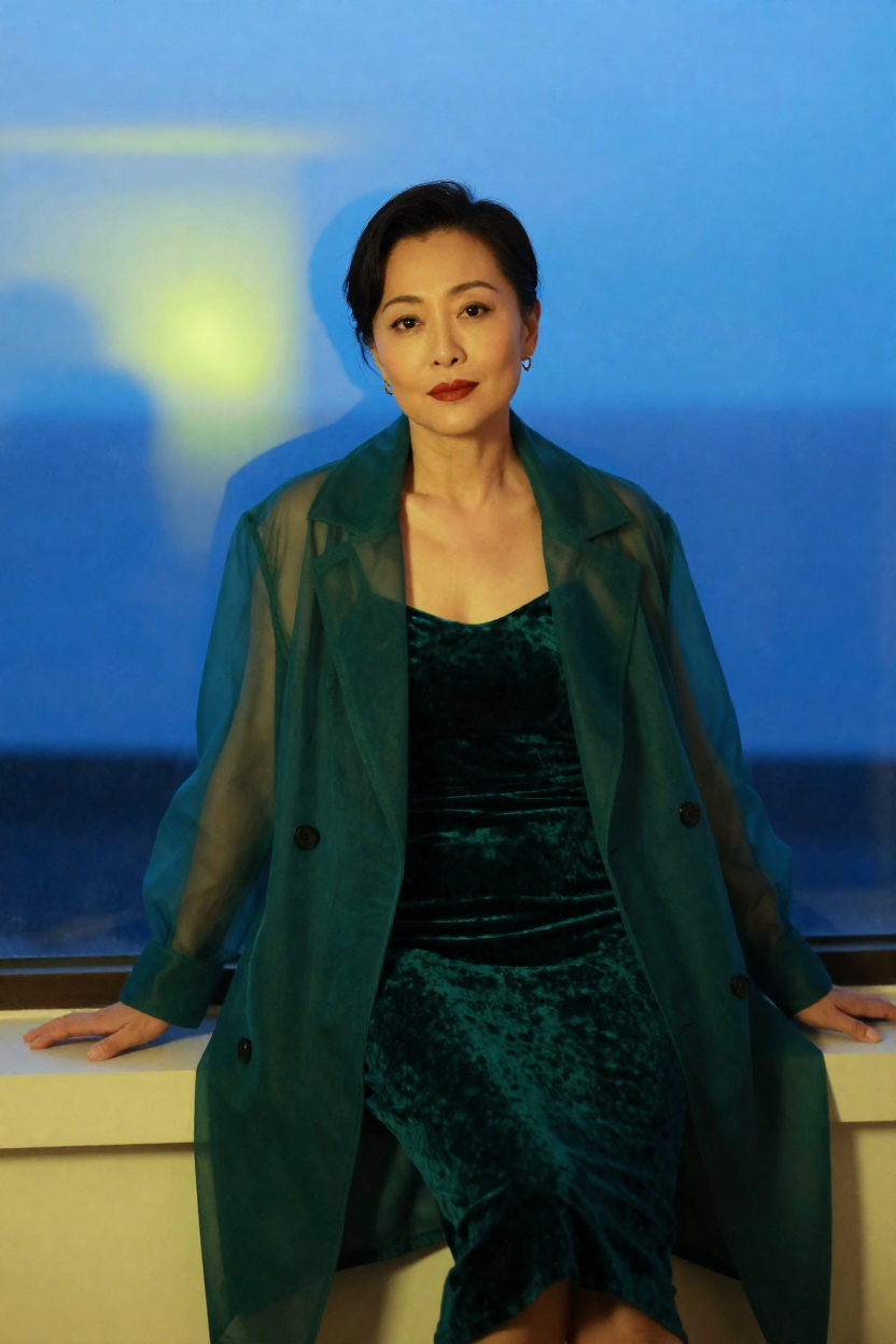 Fictional adult woman age 35, emerald velvet fashion bodysuit beneath a translucent long coat, seated alone