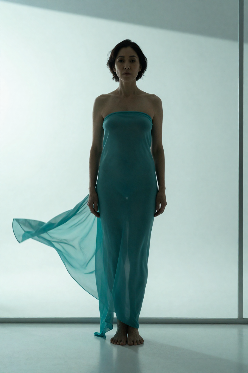 Original fictional consenting adult woman age 30, tasteful nude silhouette with flowing teal drapery, standing alone